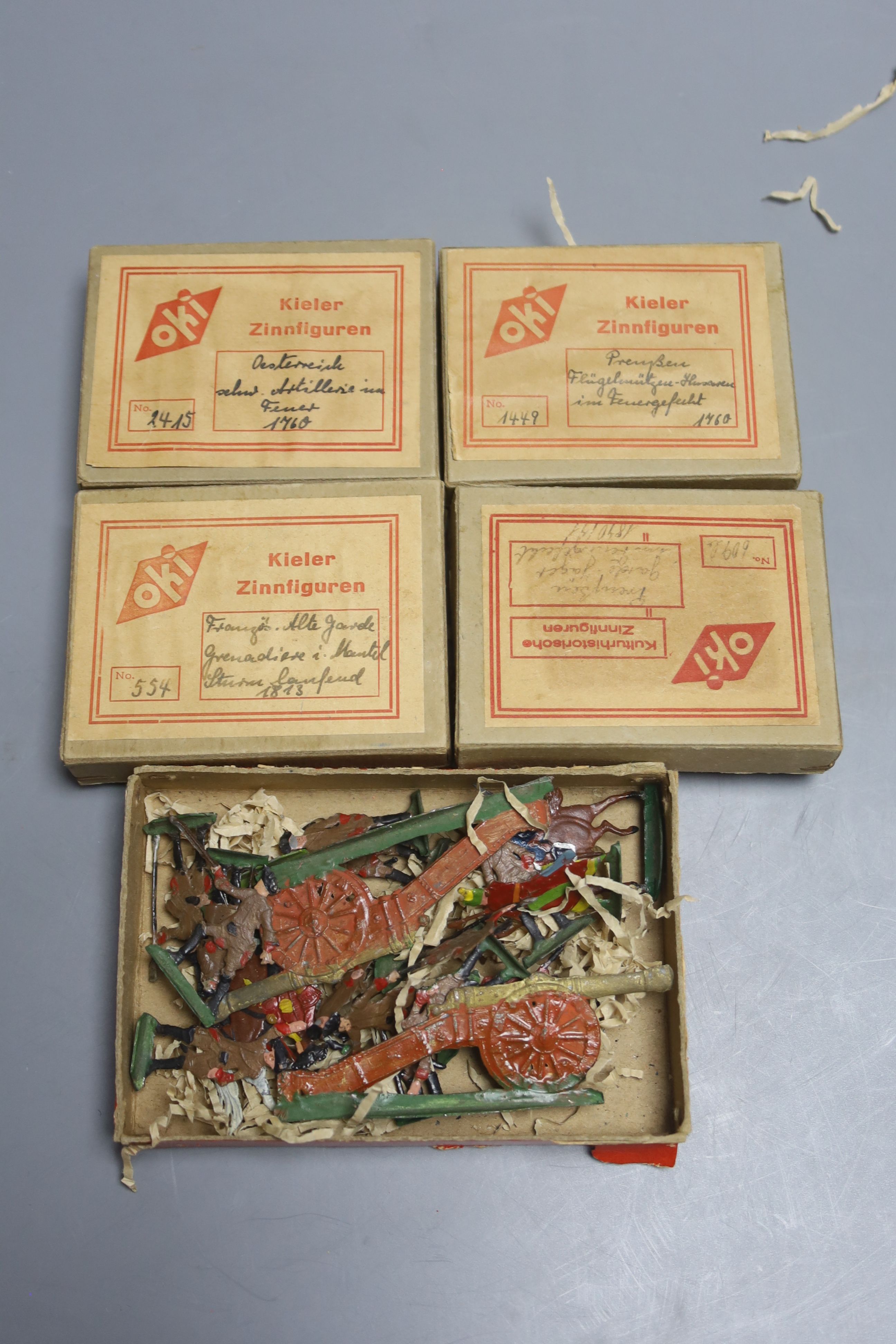 Flat military figures - Four boxes of Oki Kieler Zinnsoldaten and another box by Kilia